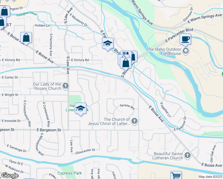 map of restaurants, bars, coffee shops, grocery stores, and more near 3344 South Maze Avenue in Boise