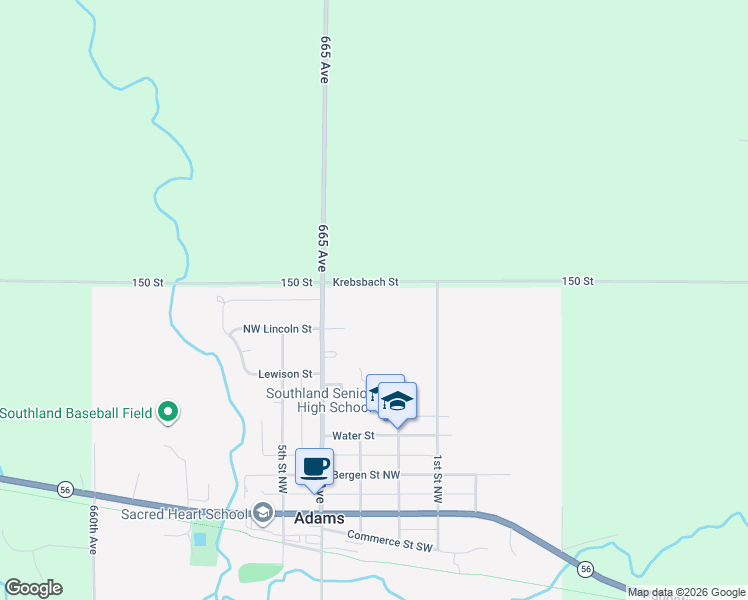 map of restaurants, bars, coffee shops, grocery stores, and more near 107 Krebsbach Street in Adams