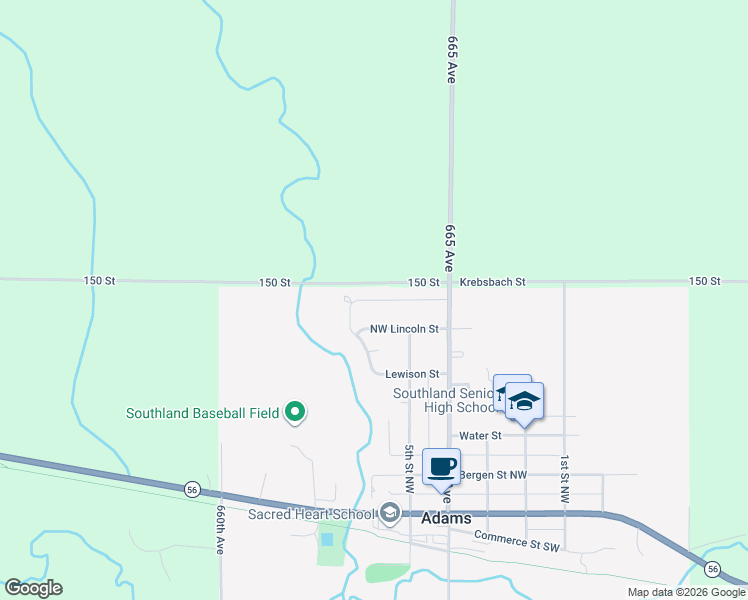 map of restaurants, bars, coffee shops, grocery stores, and more near 508 Vangsness Street in Adams