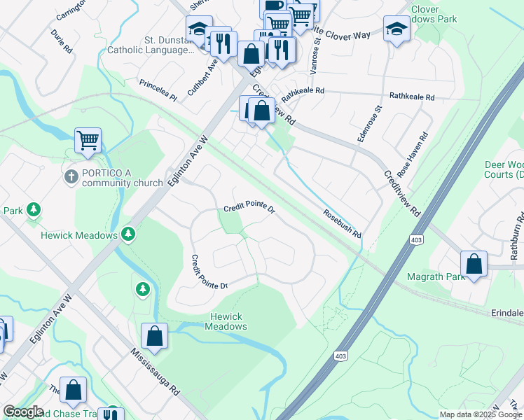 map of restaurants, bars, coffee shops, grocery stores, and more near 4153 Credit Pointe Drive in Mississauga