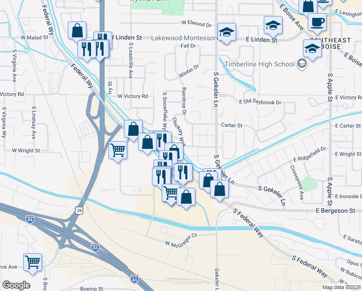 map of restaurants, bars, coffee shops, grocery stores, and more near 3353 Chickory Way in Boise