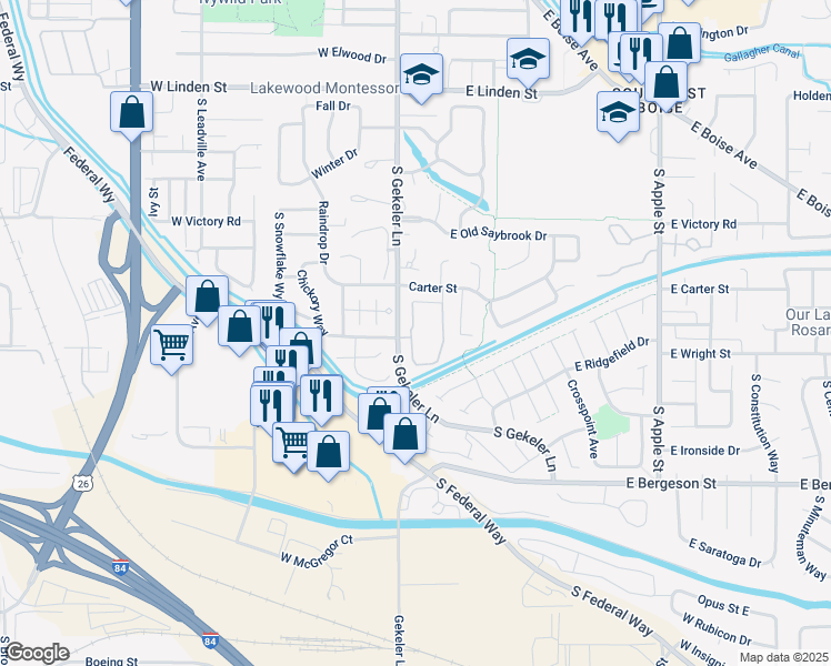 map of restaurants, bars, coffee shops, grocery stores, and more near 3310 S Gekeler Ln in Boise