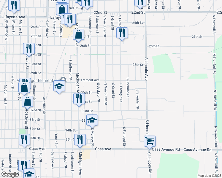 map of restaurants, bars, coffee shops, grocery stores, and more near 1810 South Grant Street in Bay City