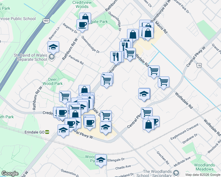 map of restaurants, bars, coffee shops, grocery stores, and more near 1000 Burnhamthorpe Road West in Mississauga