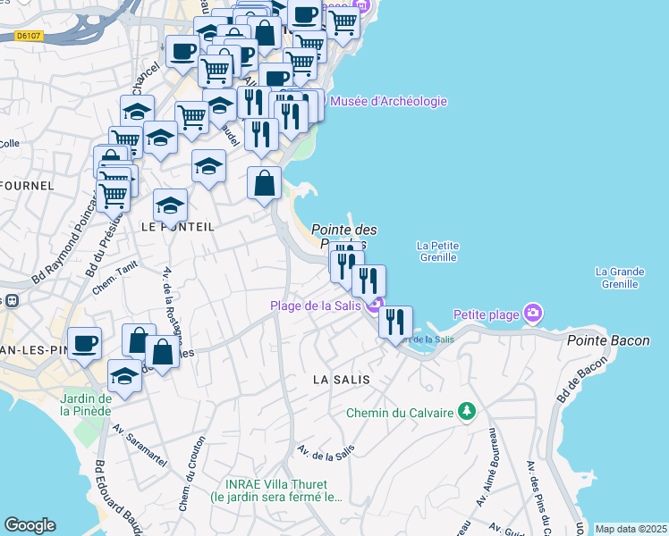 map of restaurants, bars, coffee shops, grocery stores, and more near 10 Boulevard James Wyllie in Antibes