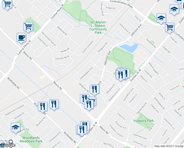 map of restaurants, bars, coffee shops, grocery stores, and more near 537 Cottagers Green Drive in Mississauga