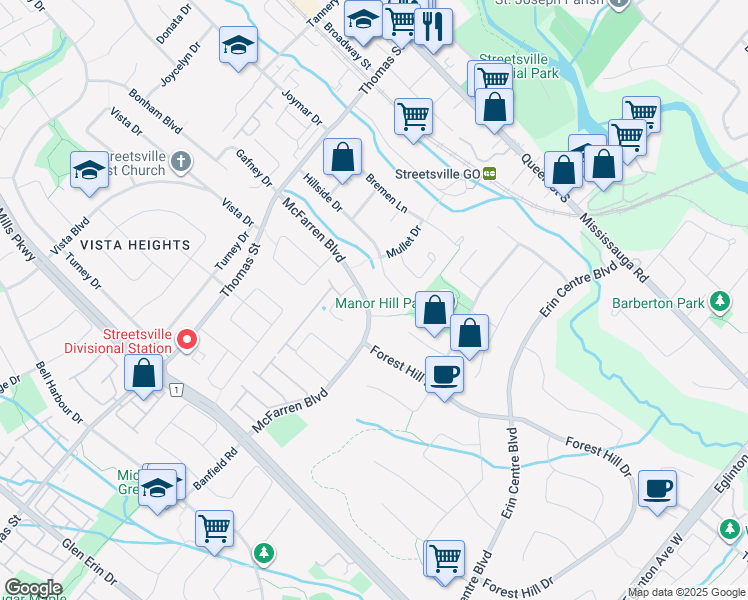 map of restaurants, bars, coffee shops, grocery stores, and more near 5423 McFarren Boulevard in Mississauga