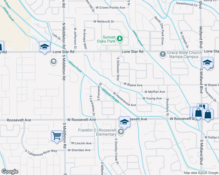 map of restaurants, bars, coffee shops, grocery stores, and more near 2030 West Havenwood Avenue in Nampa