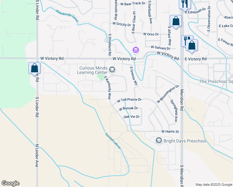 map of restaurants, bars, coffee shops, grocery stores, and more near 715 West Blue Downs Street in Meridian
