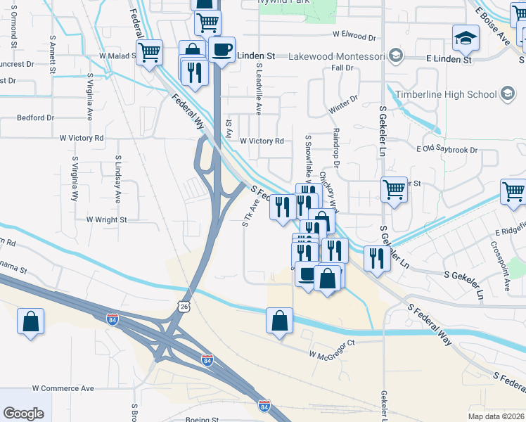 map of restaurants, bars, coffee shops, grocery stores, and more near 3248-3318 S Tk Ave in Boise
