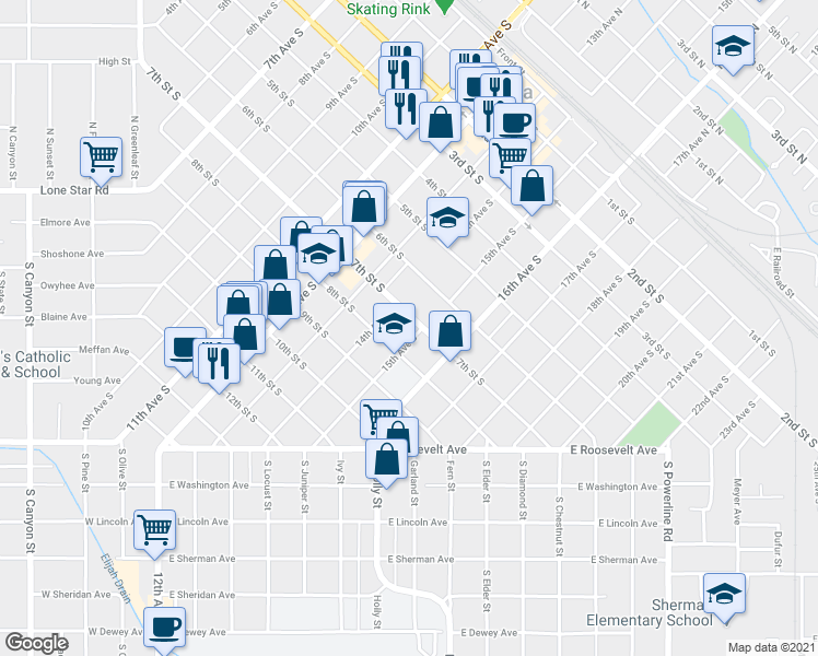map of restaurants, bars, coffee shops, grocery stores, and more near 715 15th Avenue South in Nampa