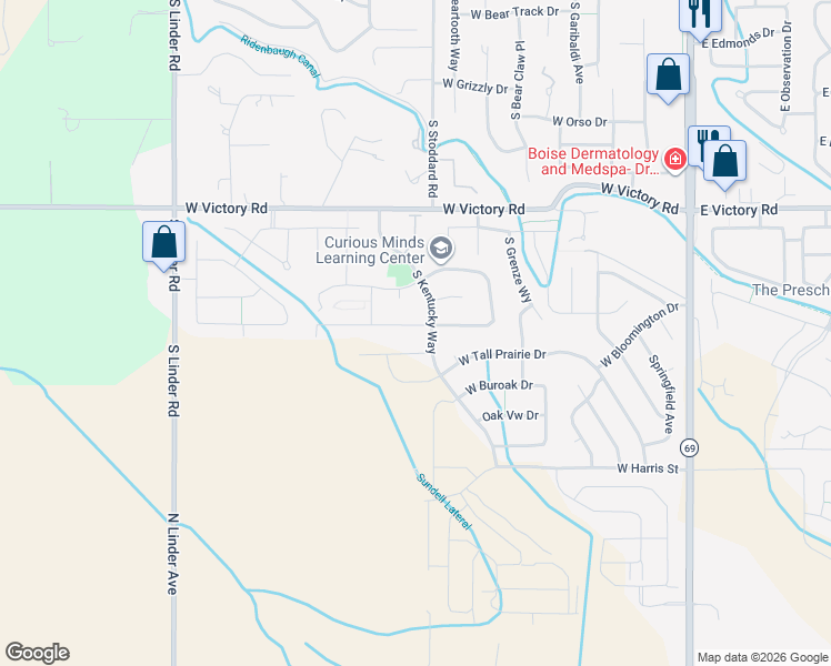 map of restaurants, bars, coffee shops, grocery stores, and more near 855 West Blue Downs Street in Meridian