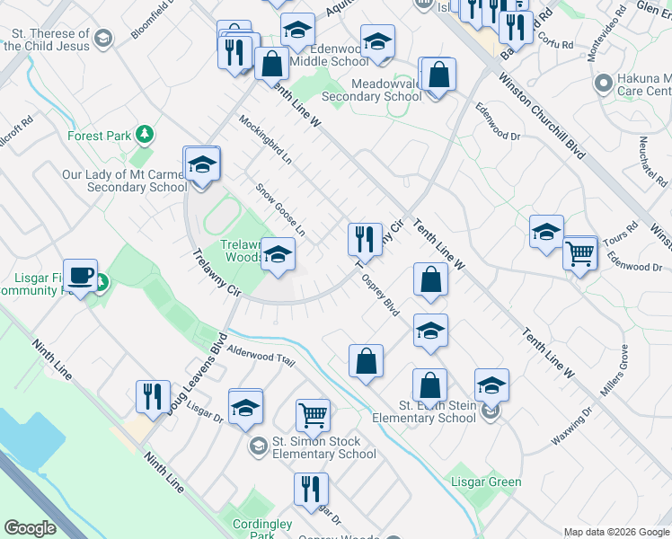 map of restaurants, bars, coffee shops, grocery stores, and more near 3334 Trelawny Circle in Mississauga