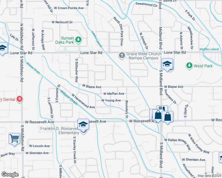 map of restaurants, bars, coffee shops, grocery stores, and more near 1521 West Blaine Avenue in Nampa