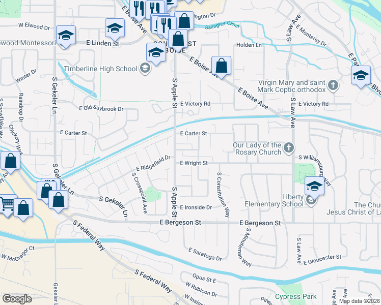 map of restaurants, bars, coffee shops, grocery stores, and more near 917 East Denise Street in Boise