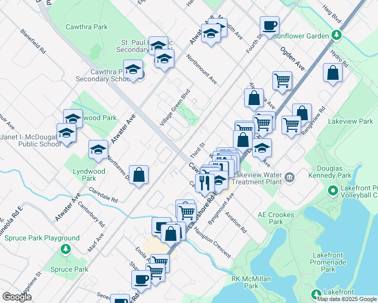map of restaurants, bars, coffee shops, grocery stores, and more near 711 Third Street in Mississauga