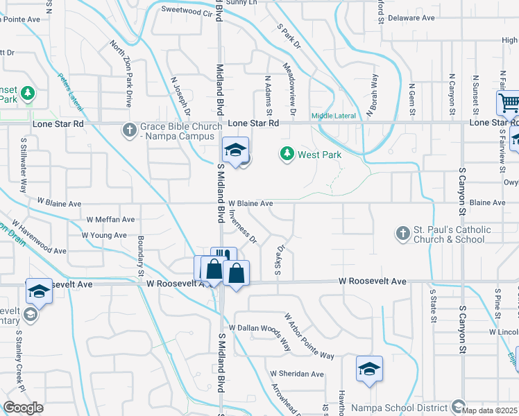 map of restaurants, bars, coffee shops, grocery stores, and more near 906 Bonnie Brae Drive in Nampa