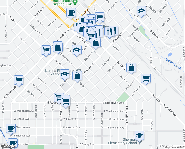 map of restaurants, bars, coffee shops, grocery stores, and more near 1623 5th Street South in Nampa