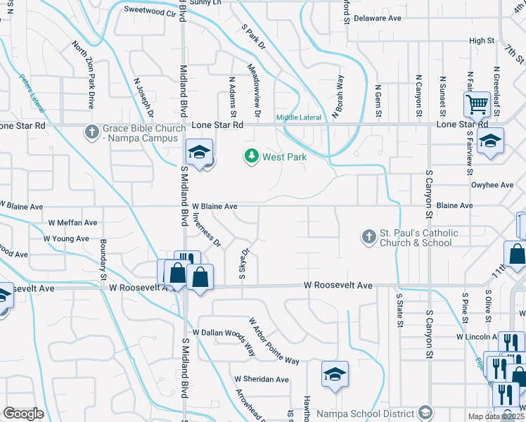 map of restaurants, bars, coffee shops, grocery stores, and more near 805 West Blaine Avenue in Nampa