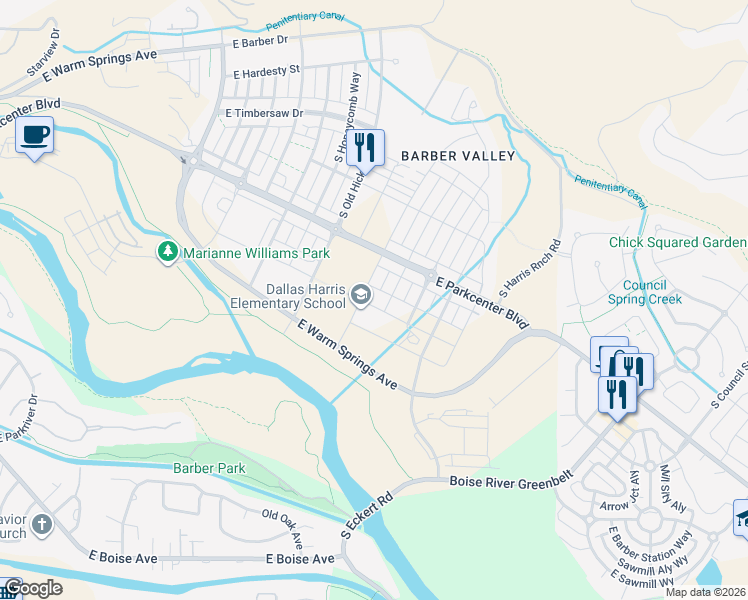 map of restaurants, bars, coffee shops, grocery stores, and more near 3227 South Brookridge Way in Boise