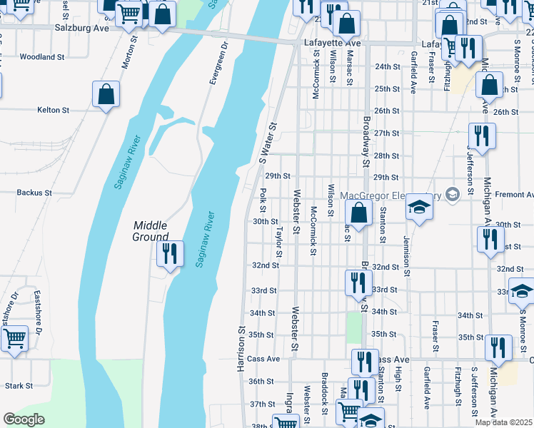 map of restaurants, bars, coffee shops, grocery stores, and more near 309 Polk Street in Bay City