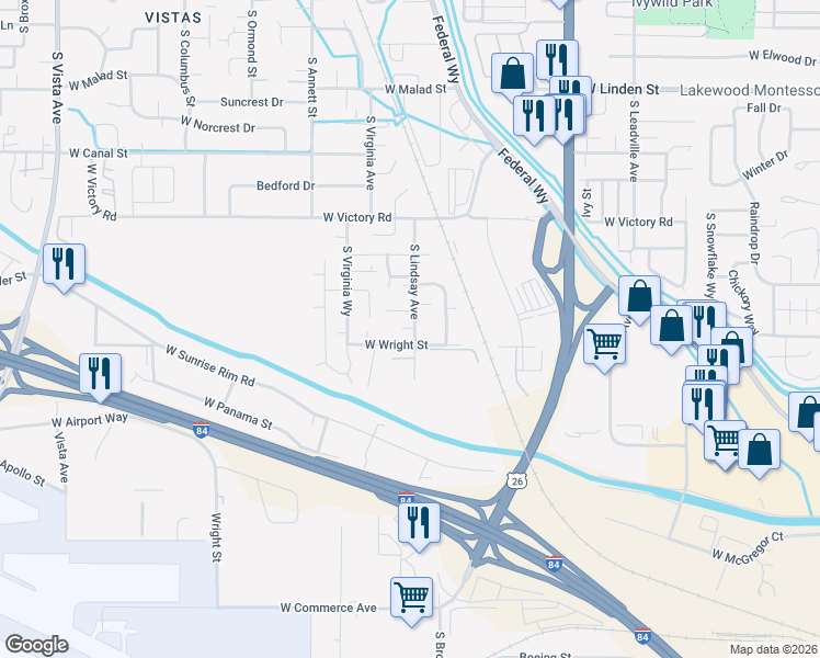 map of restaurants, bars, coffee shops, grocery stores, and more near 3363 South Lindsay Avenue in Boise