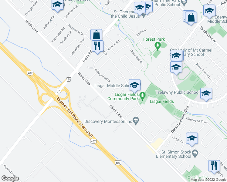 map of restaurants, bars, coffee shops, grocery stores, and more near Banff Court in Mississauga