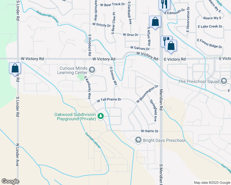 map of restaurants, bars, coffee shops, grocery stores, and more near 3584 South Bear Claw Avenue in Meridian