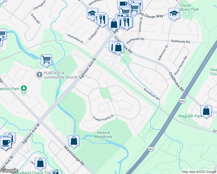 map of restaurants, bars, coffee shops, grocery stores, and more near 4104 Credit Pointe Drive in Mississauga