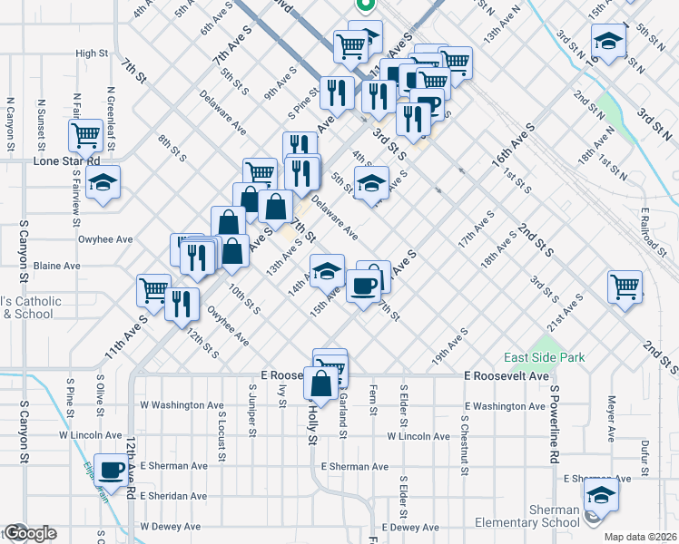 map of restaurants, bars, coffee shops, grocery stores, and more near 1419 7th Street South in Nampa