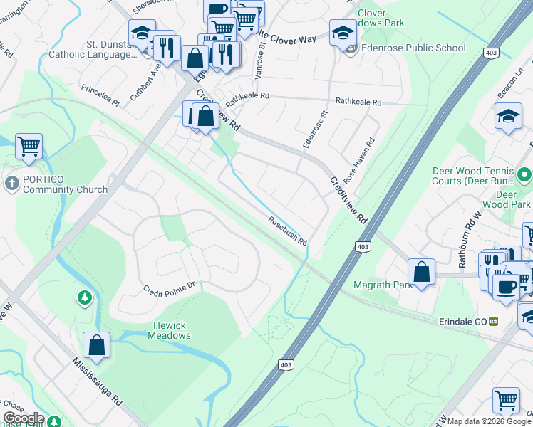 map of restaurants, bars, coffee shops, grocery stores, and more near 4769 Rosebush Road in Mississauga