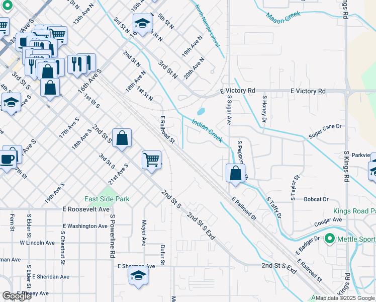map of restaurants, bars, coffee shops, grocery stores, and more near 2002 East Railroad Street in Nampa