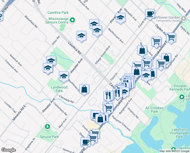 map of restaurants, bars, coffee shops, grocery stores, and more near 1154 Cawthra Road in Mississauga