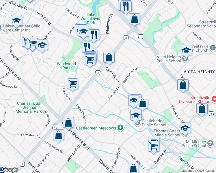 map of restaurants, bars, coffee shops, grocery stores, and more near 5940 Glen Erin Drive in Mississauga