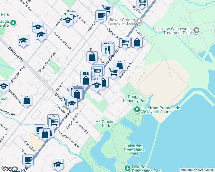 map of restaurants, bars, coffee shops, grocery stores, and more near in Mississauga