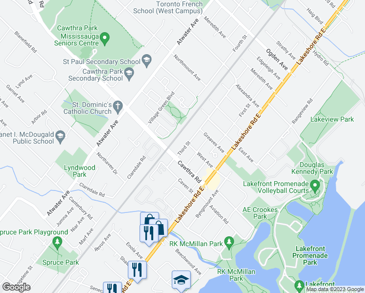 map of restaurants, bars, coffee shops, grocery stores, and more near 725 3rd Street in Mississauga