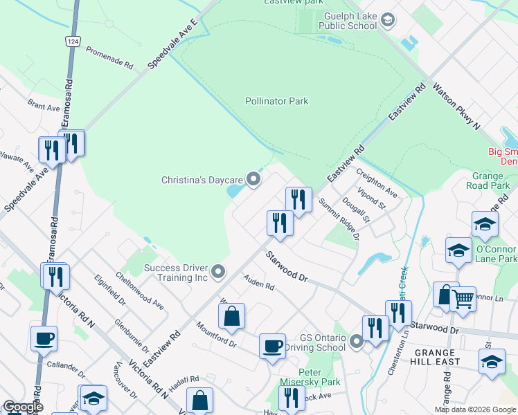 map of restaurants, bars, coffee shops, grocery stores, and more near 207 Summit Ridge Drive in Guelph