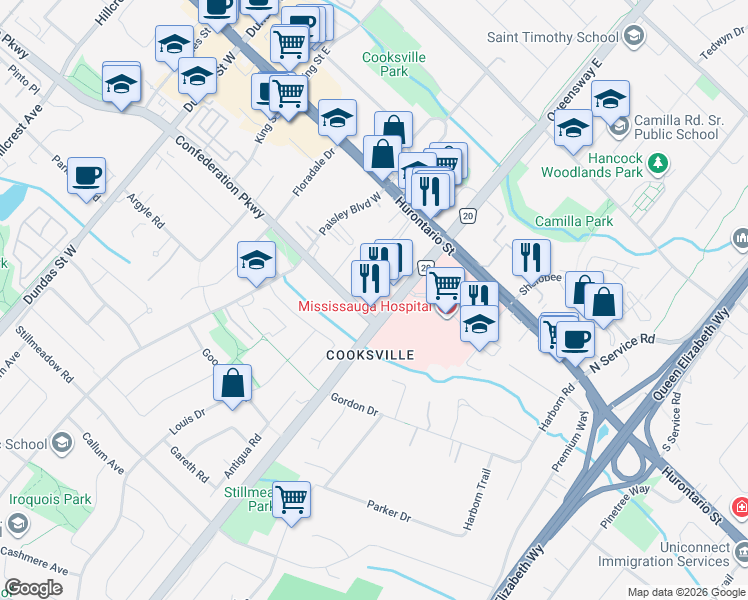 map of restaurants, bars, coffee shops, grocery stores, and more near 101 Queensway West in Mississauga