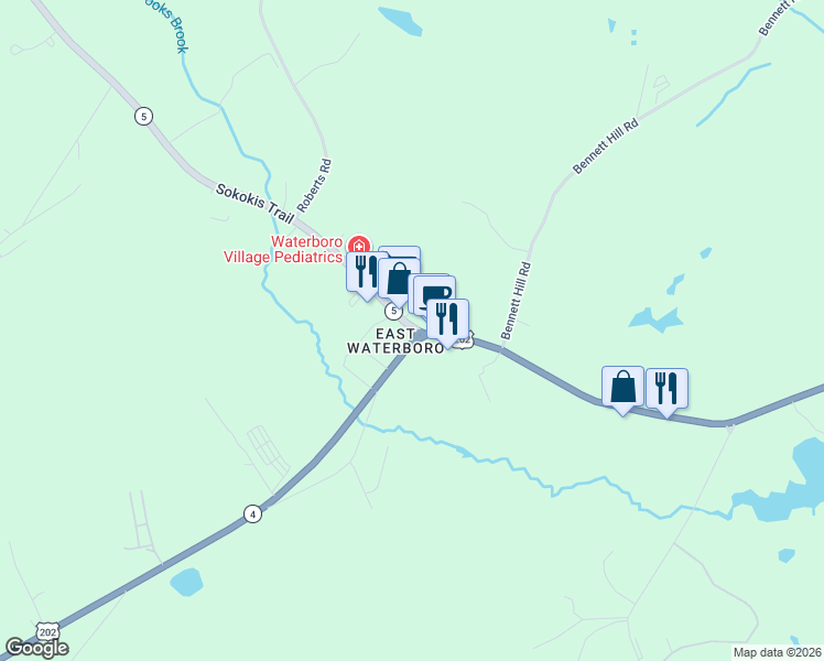 map of restaurants, bars, coffee shops, grocery stores, and more near Maine 5 in Waterboro