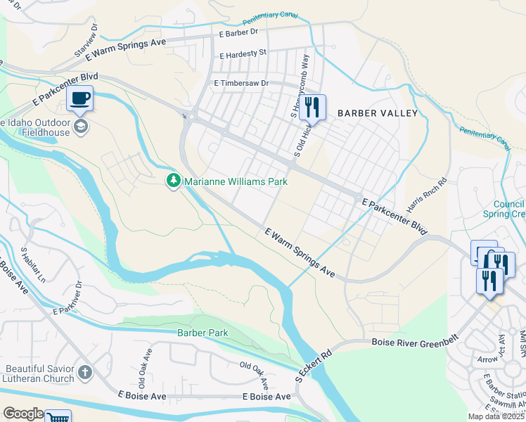 map of restaurants, bars, coffee shops, grocery stores, and more near Boise River Greenbelt in Boise