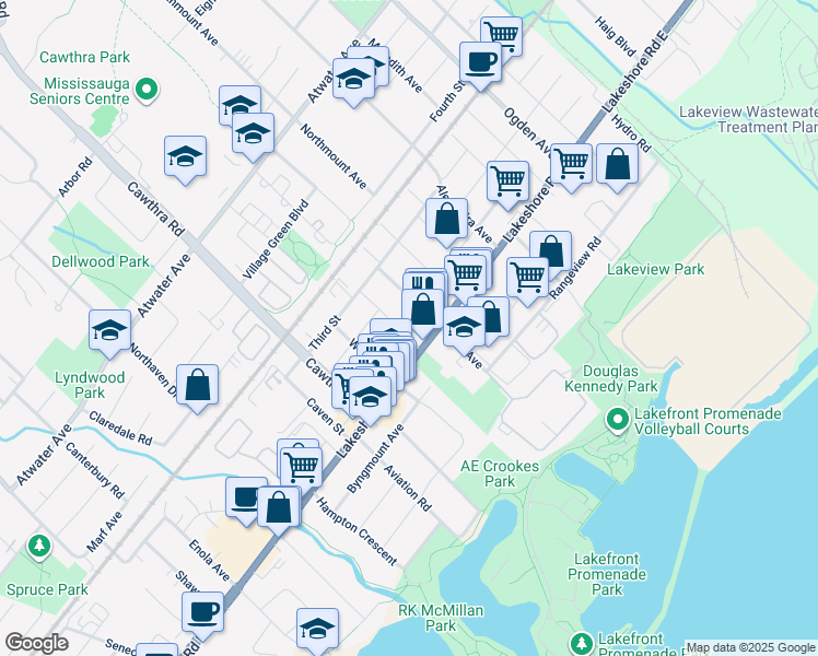 map of restaurants, bars, coffee shops, grocery stores, and more near 1023 Greaves Avenue in Mississauga