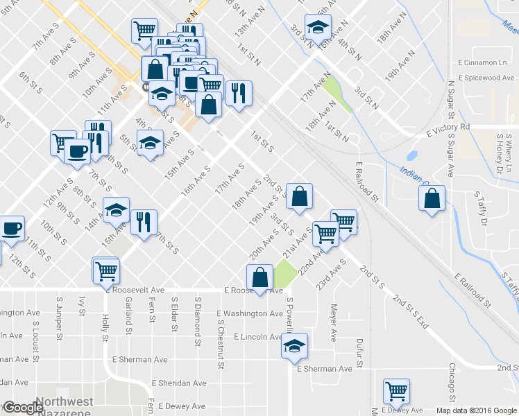 map of restaurants, bars, coffee shops, grocery stores, and more near 303 19th Avenue South in Nampa