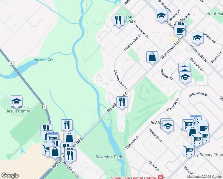 map of restaurants, bars, coffee shops, grocery stores, and more near 104 Woodlawn Road East in Guelph