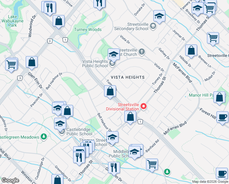 map of restaurants, bars, coffee shops, grocery stores, and more near 5526 Turney Drive in Mississauga