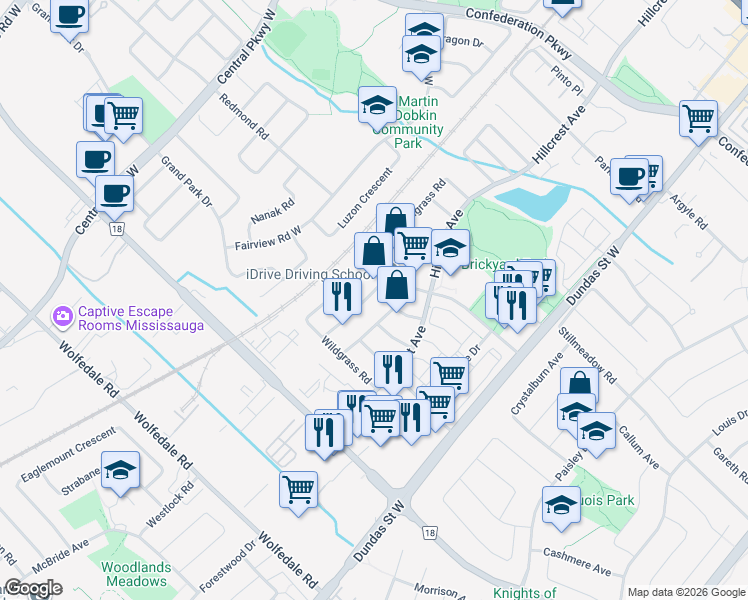map of restaurants, bars, coffee shops, grocery stores, and more near 537 Cottagers Green Drive in Mississauga