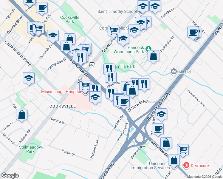 map of restaurants, bars, coffee shops, grocery stores, and more near 2200 Sherobee Road in Mississauga