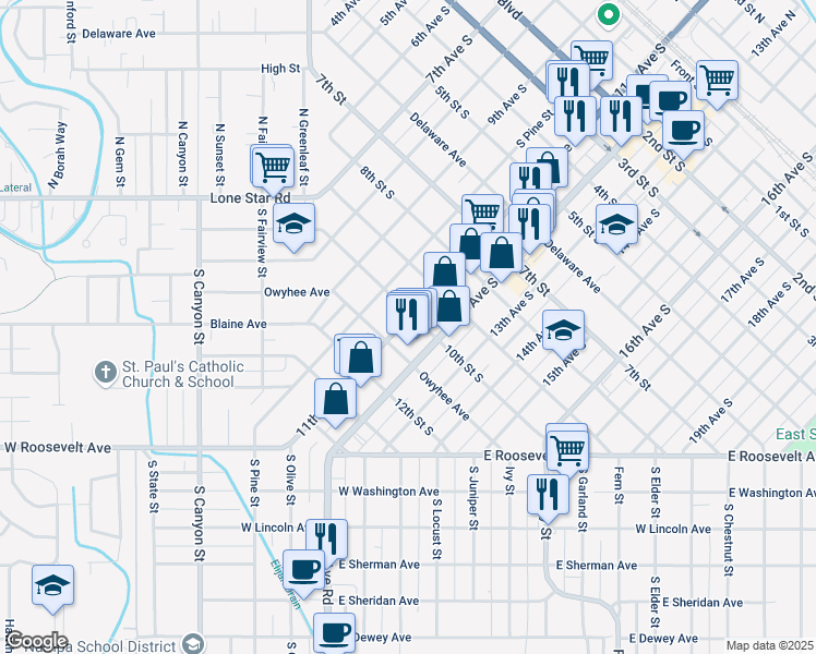 map of restaurants, bars, coffee shops, grocery stores, and more near 1008 11th Avenue South in Nampa