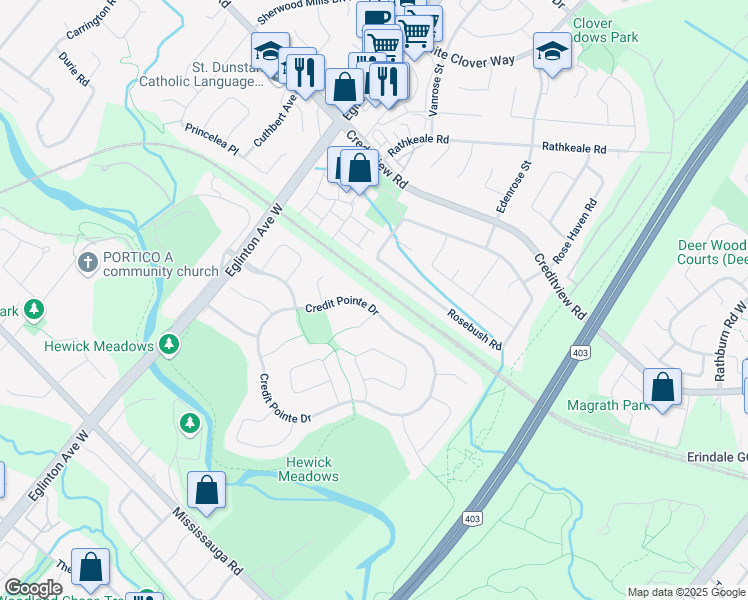 map of restaurants, bars, coffee shops, grocery stores, and more near 4153 Credit Pointe Drive in Mississauga