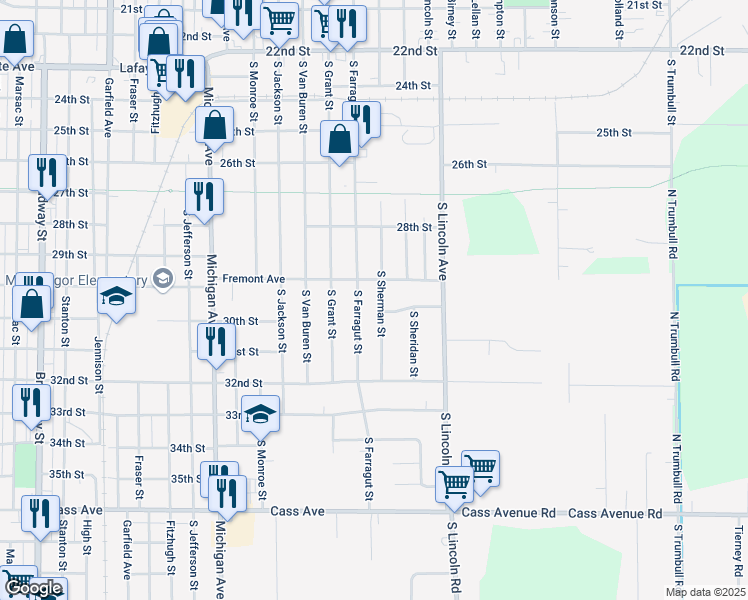map of restaurants, bars, coffee shops, grocery stores, and more near 1901 South Farragut Street in Bay City