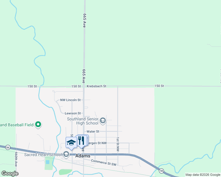 map of restaurants, bars, coffee shops, grocery stores, and more near 107 Krebsbach Street in Adams